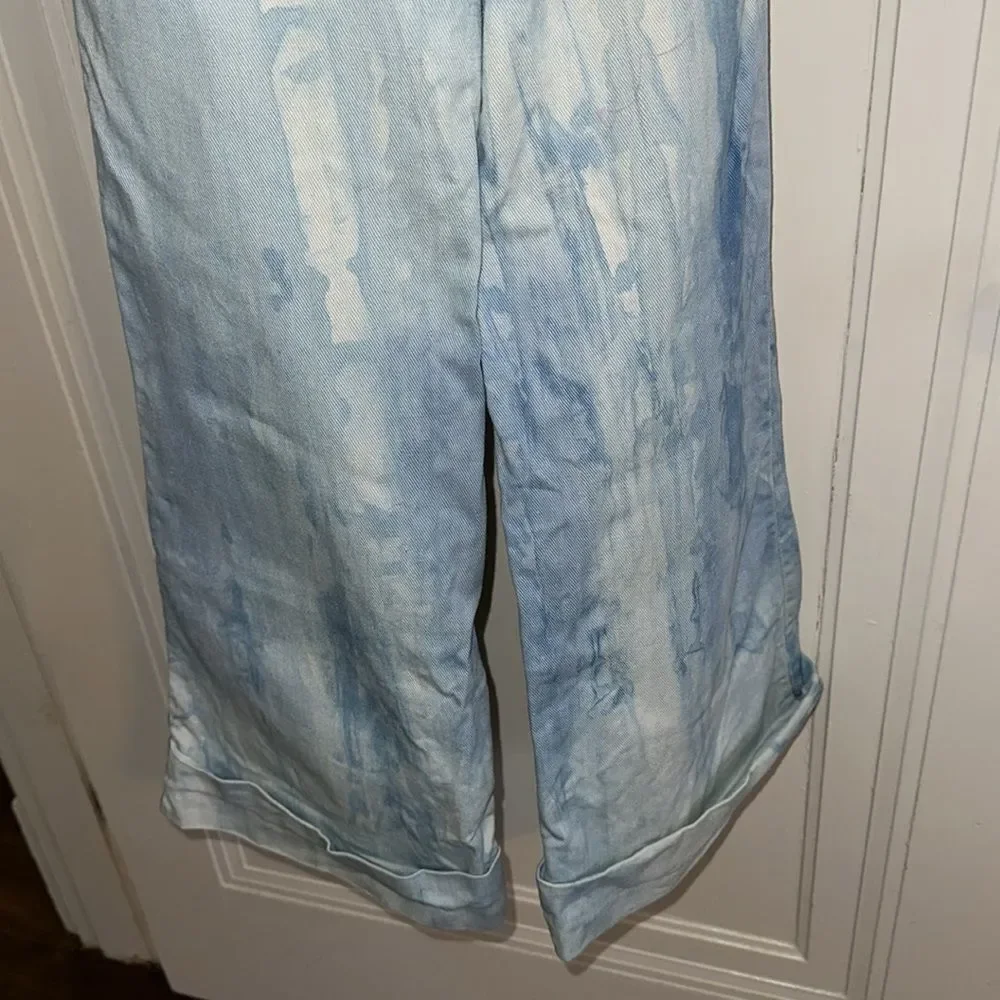Vintage 70s Mambro Girls Blue Tie-Dye Bell Bottom Cuffed Jeans with Silver Studs